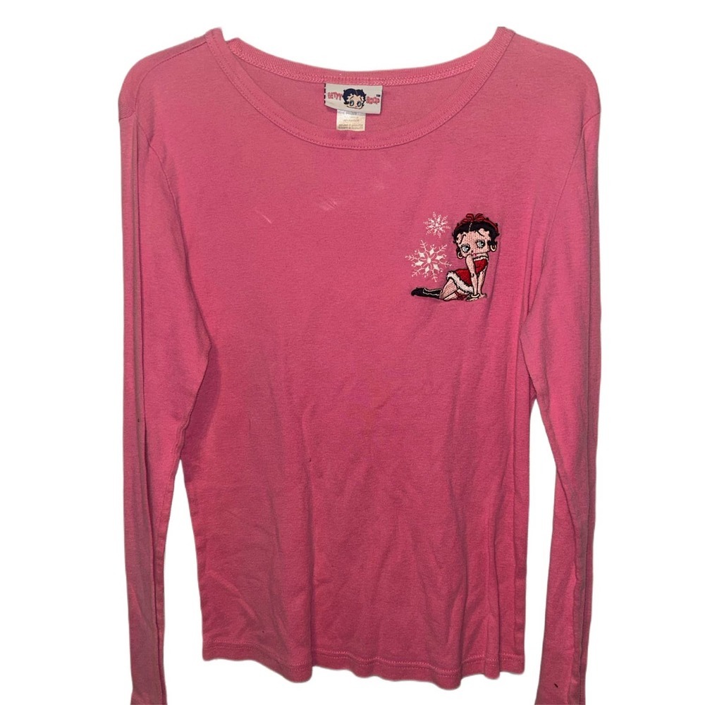 Betty Boop Christmas Logo Vintage Pink Long Sleeve Cozy Pajama Tee Sleepwear Y2K